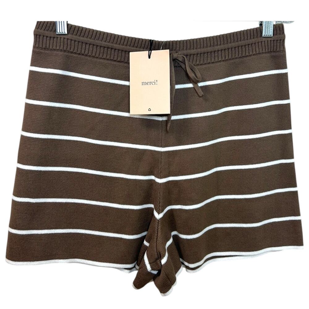 La Ligne - Women's 'Leo' Knit Shorts, High-Rise, Stripe - Tan/Cream, Large - Picture 2 of 12